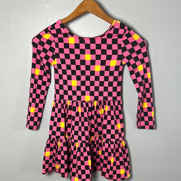 Epic Threads Pink Yellow Checkered Kids Dress long Sleeves Stretch Skater XS 5/6 - Picture 1 of 7